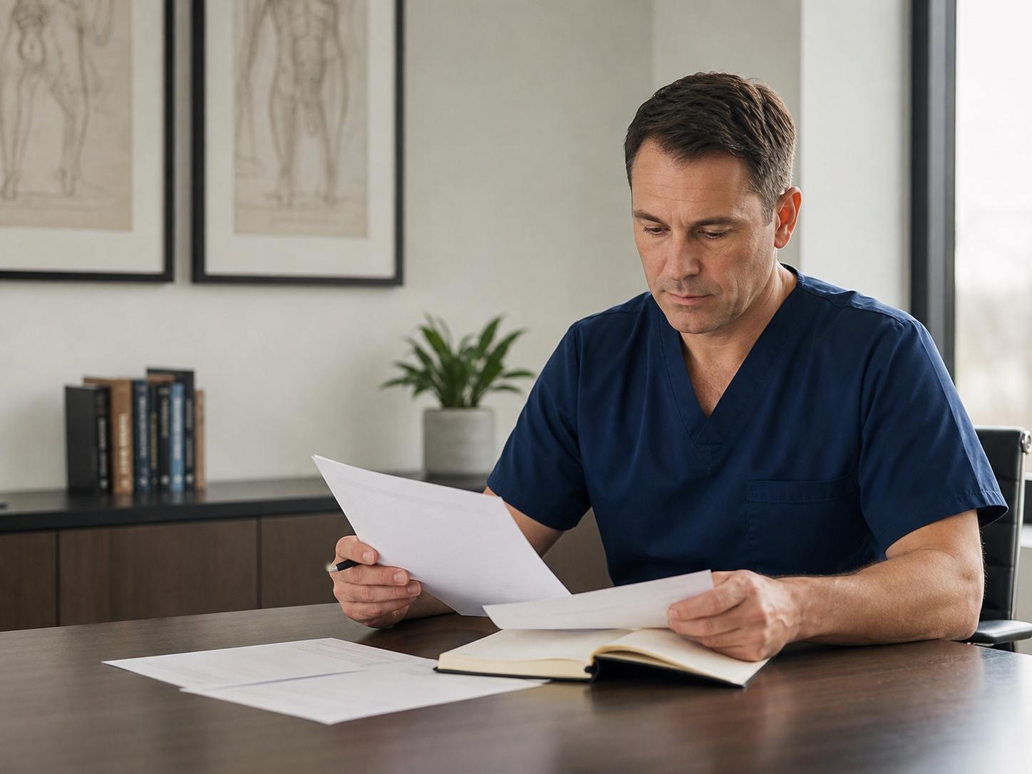 Medical practice owner reviewing financial documents